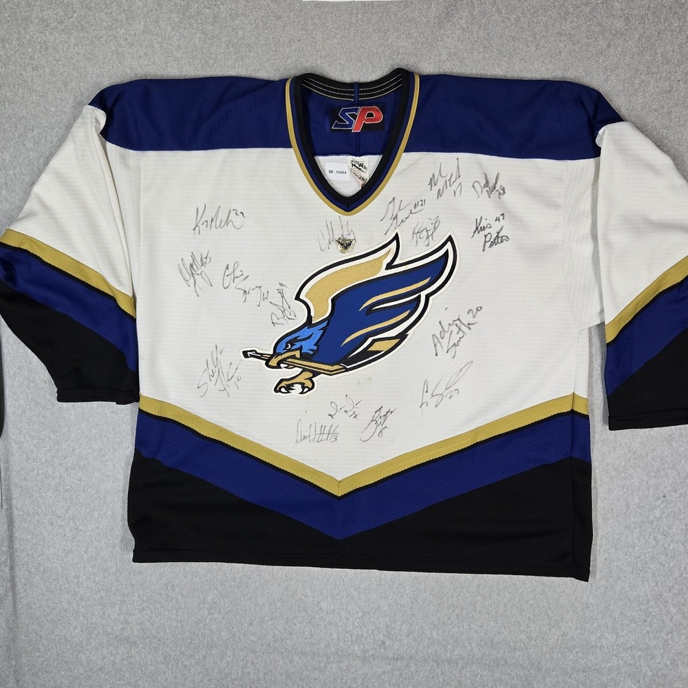 VINTAGE Fresno Falcons Men Jersey XL White TEAM SIGNED Embroidered SP ECHL READ